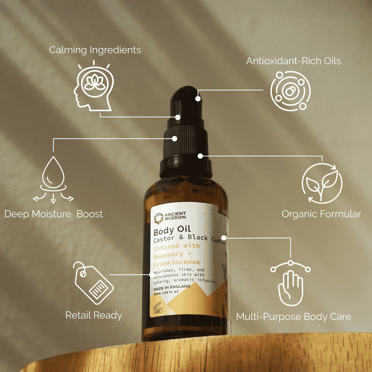 Organic Rosemary & Frankincense Body Oil — 50ml, bottle detail