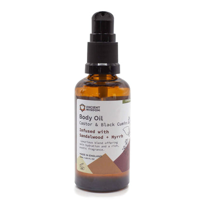 Organic Sandalwood & Myrrh Body Oil — 50ml, label view