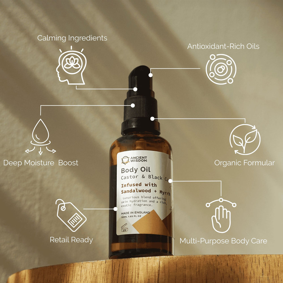 Organic Sandalwood & Myrrh Body Oil — 50ml, bottle detail