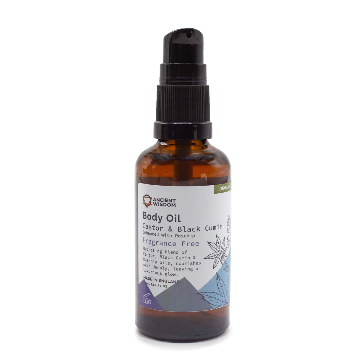 Organic Rosehip Body Oil — 50ml · Unfragranced, bottle detail